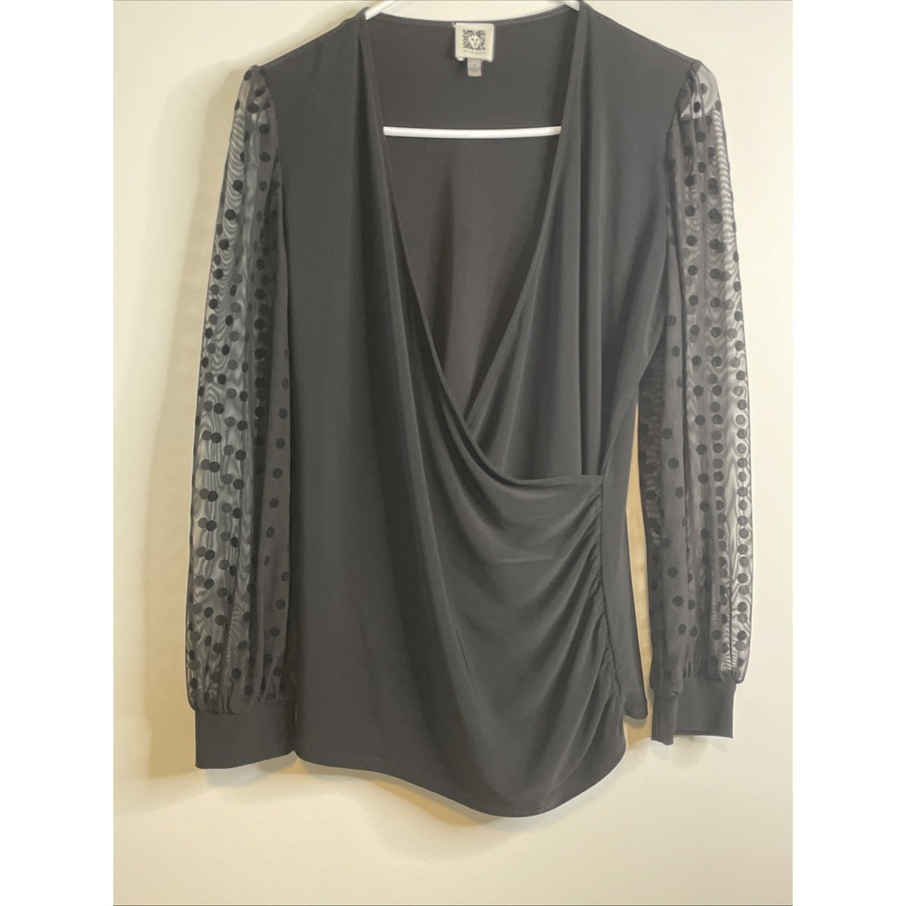 Anne Klein Size‎ M Black Draped Wrap Front Top Sheer Dot Sleeves